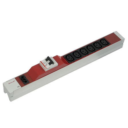 IEC socket strip with Wieland® input, C13, 6 sockets, 19", red, with overcurrent protection