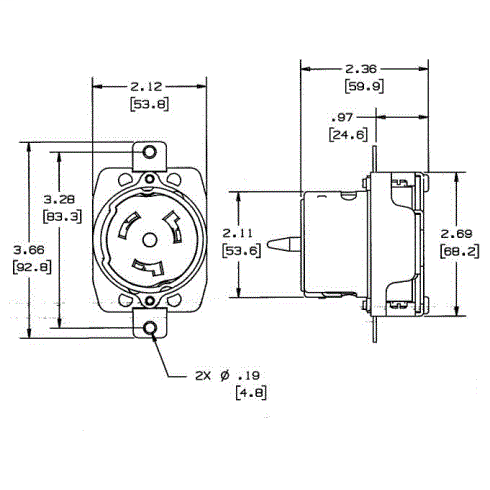Hubbell CS8369 50A 3Ph 250V AC Twist-Lock Black Single Flush Receptacle