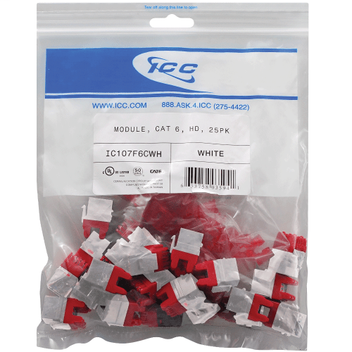 Product image for ICC IC107F6CWH MODULE, CAT6, HD, 25PK, WH - VALUEPACKS, 22~24AWG, 568A/B WIRING - 25 PCS PRICE