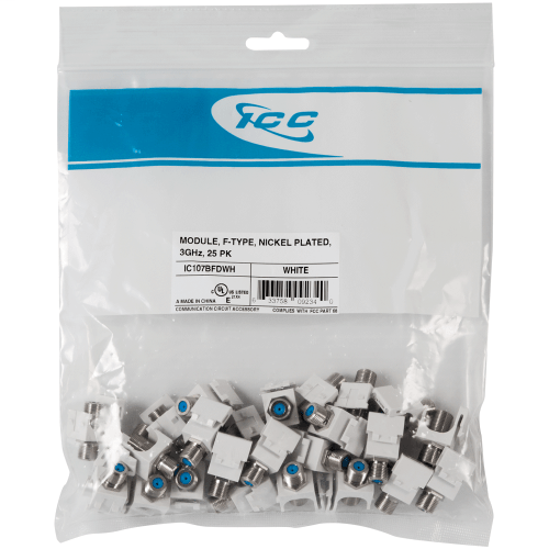 Product image for ICC IC107BFDWH MODULE, F-TYPE NICKEL PLATED 3GHz, 25PK - VALUEPACKS, FEMALE TO FEMALE - 25 PCS PRICE
