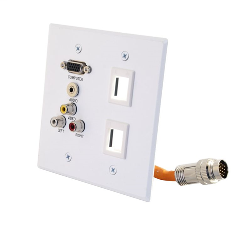 RapidRun® Double Gang Integrated VGA (HD15) + 3.5mm + Composite Video + Stereo Audio + 2 Keystones Wall Plate - White