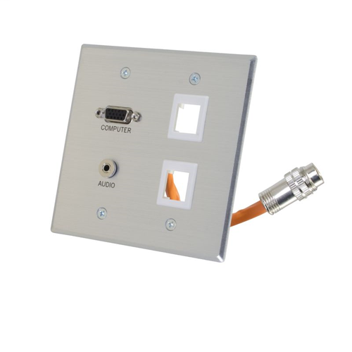 RapidRun® VGA(HD15) + 3.5mm Stereo + 2 Keystones Audio Double Gang Wall Plate - Brushed Aluminum