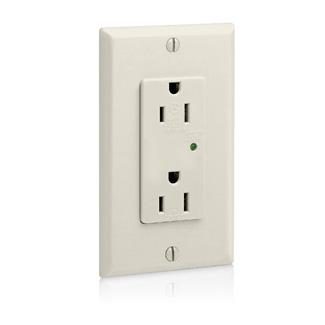 15 Amp, 125 Volt, 20A feed through, NEMA 5-15R, 2P, 3W, Decora Plus Duplex Receptacle, Straight Blade, Industrial Grade, Self Grounding, Surge w/ Indicator Light, Back & Side Wired, Steel Strap, - Light Almond