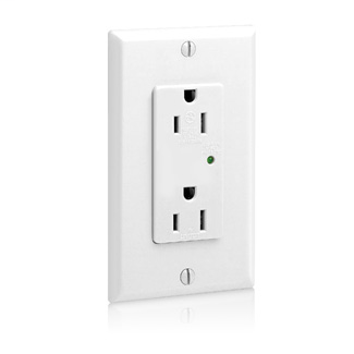 15 Amp, 125 Volt, 20A feed through, NEMA 5-15R, 2P, 3W, Decora Plus Duplex Receptacle, Straight Blade, Industrial Grade, Self Grounding, Surge w/ Indicator Light, Back & Side Wired, Steel Strap, - White