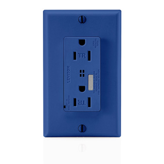 15 Amp, 125 Volt, 20A feed through, NEMA 5-15R, 2P, 3W, Decora Plus Duplex Receptacle, Tamper-Resistant, Straight Blade, Commercial Specification Grade, Self Grounding, Surge w/ Indicator Light and Audible Alarm, Back & Side Wired, Steel Strap, includes m