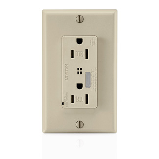 15 Amp, 125 Volt, 20A feed through, NEMA 5-15R, 2P, 3W, Decora Plus Duplex Receptacle, Tamper-Resistant, Straight Blade, Commercial Specification Grade, Self Grounding, Surge w/ Indicator Light and Audible Alarm, Back & Side Wired, Steel Strap, includes m
