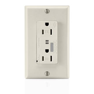 15 Amp, 125 Volt, 20A feed through, NEMA 5-15R, 2P, 3W, Decora Plus Duplex Receptacle, Tamper-Resistant, Straight Blade, Commercial Specification Grade, Self Grounding, Surge w/ Indicator Light and Audible Alarm, Back & Side Wired, Steel Strap, includes m