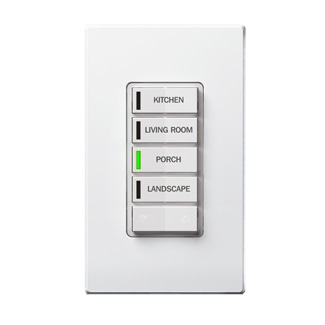 Vizia RF + 4-Button Zone Controller with Switch for Multi-Location Control with IR Remote Capability. White face assembled on device, ivory and almond faces included.