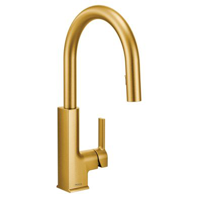 STo Brushed gold one-handle high arc pulldown kitchen faucet