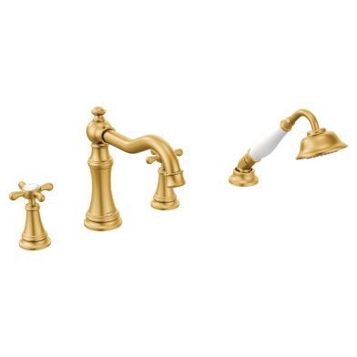Weymouth Brushed gold two-handle diverter roman tub faucet includes hand shower
