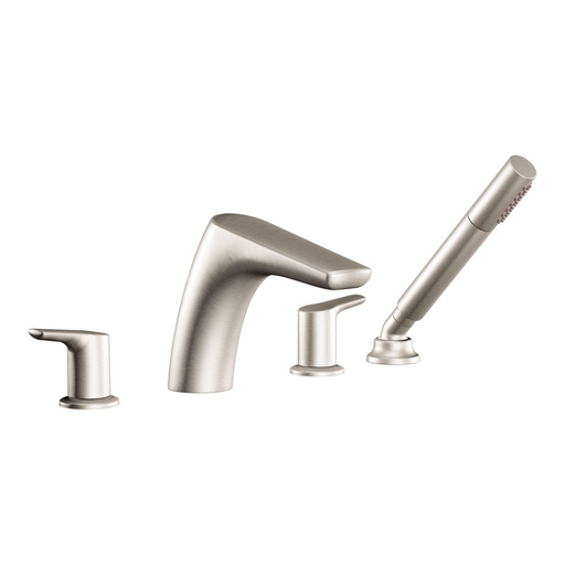 Method Brushed nickel two-handle low arc roman tub faucet includes hand shower