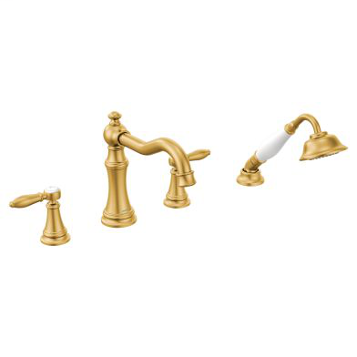 Weymouth Brushed gold two-handle diverter roman tub faucet includes hand shower