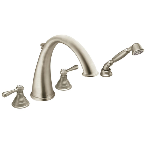 Kingsley Brushed nickel two-handle high arc roman tub faucet includes hand shower