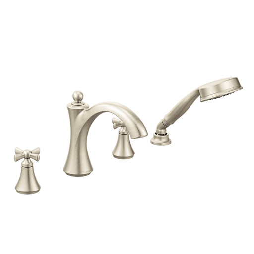 Wynford Brushed nickel two-handle diverter roman tub faucet includes hand shower