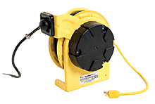 Product image for Woodhead 997-3070G Standard Cord Reel, 12/3 SJTOW Cord, 10.67m (35.0' ) Cord Length with 15A GFCI Pendant Outlet Box, One Duplex, NEMA 5-15 Outlet