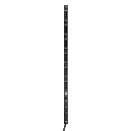 Vertical power strip 30 A, 208V Delta, 24 IEC C-13 and 6 IEC C-19 receptacles, three 20 A double pole magnetic breaker on-off switch with integral switch guard, and 10' power cord with NEMA L15-30P twist lock plug. UL and c-UL Listed. Dimensions: 66.3"H x