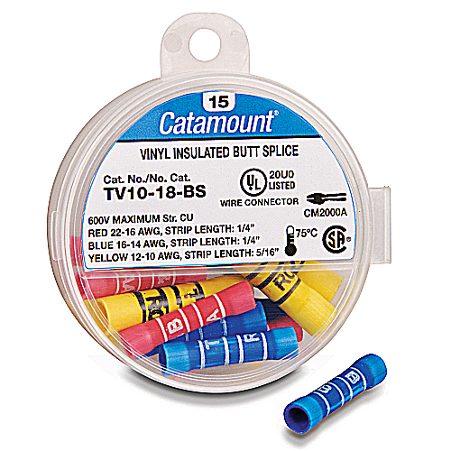Product image for Catamount TV10-18-BS 22 to 16 AWG/16 to 14 AWG/12 to 10 AWG RED/Blue/Yellow Vinyl Butt Splice Kit