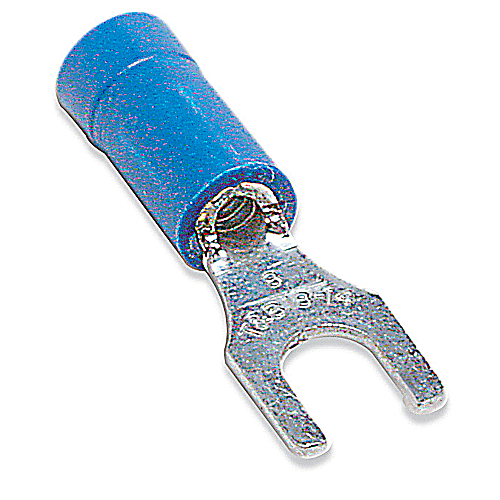 Product image for Thomas & Betts 14RB-14F 18-14 AWG Wire Range 1/4 Inch Bolt Hole Blue Insulated Vinyl Fork Terminal