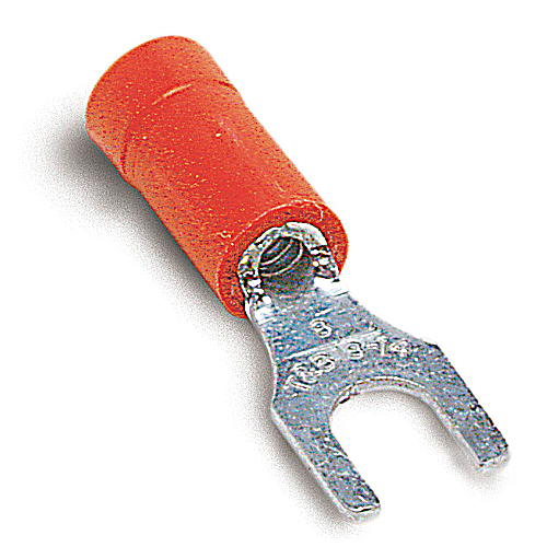 Product image for Thomas & Betts 18RA-6F 22 to 16 AWG #6 Stud Red Electrotinned Copper Vinyl Insulated Fork Terminal