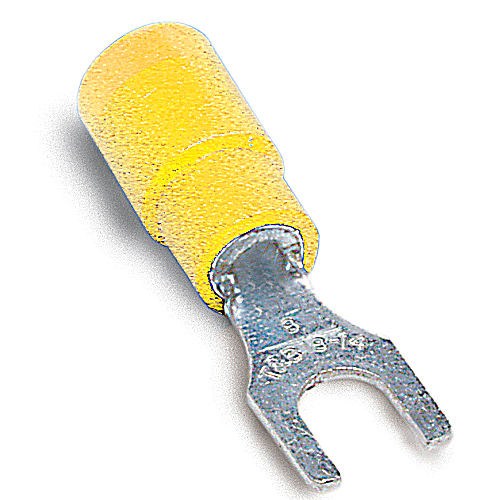 Thomas & Betts 10RC-10FX 12 to 10 AWG #10 Stud Yellow Electrotinned Copper Expanded Entry Vinyl Insulated Fork Terminal Thomas & Betts 10RC-10FX 12 to 10 AWG #10 Stud Yellow Electrotinned Copper Expanded Entry Vinyl Insulated Fork Terminal