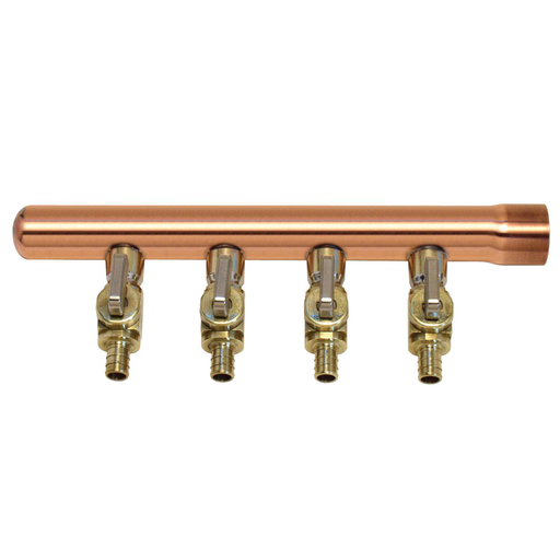 Lead Free Closed End X 1 In Swedged End Copper Manifold, 4 Branch X 1/2 Cf Mini Ball Valves
