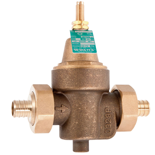 1 IN Lead Free Brass Water Pressure Reducing Valve, Double Union, PEX, Adjust 25-75 psi, Max Work 400 psi, Gauge Tapping