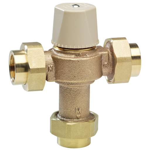 1 In Lead Free Thermostatic Mixing Valve, Threaded Union End Connection, Adjustable Out 80-120 F