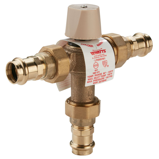 1 In Lead Free Thermostatic Mixing Valve, Press X Press, Adjustable Temperature Range 80-120 F