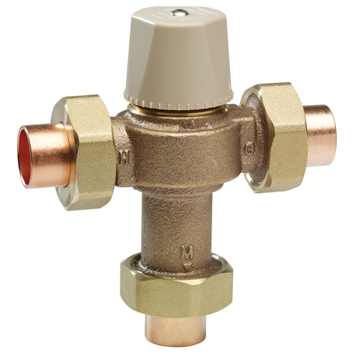 3/4 In Lead Free Thermostatic Mixing Valve, Solder Union End Connections, Adjustable Out 80-120 F