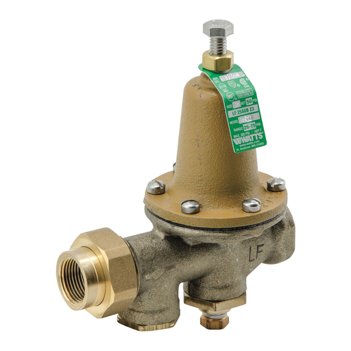 3/4 IN Lead Free Water Pressure Reducing Valve, FPT Union x FPT, Polymer Seat, Gauge Tapping, Gauge, Adjust 25-75 psi