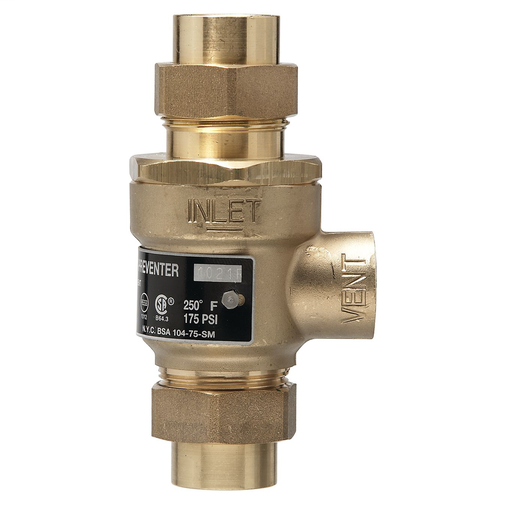 1/2 In Bronze Dual Check Valve With Intermediate Atmospheric Vent, Female Union Inlet And Outlet Connections