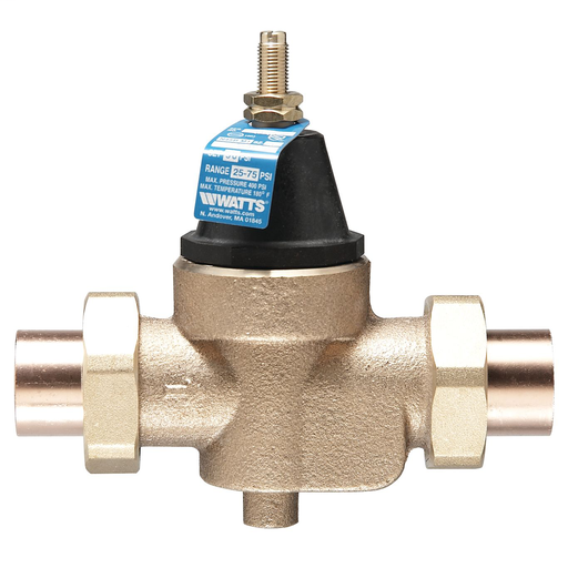 1 In Lead Free Water Pressure Reducing Valve, Double Union, Solder, Elastomer Disc, Max Work 400 psi, Adjust 25-75 psi