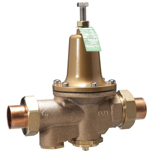 1 In Lead Free Water Pressure Reducing Valve, Double Union, Solder, Polymer Seat, Gauge Tapping, Adjustable 25-75 psi
