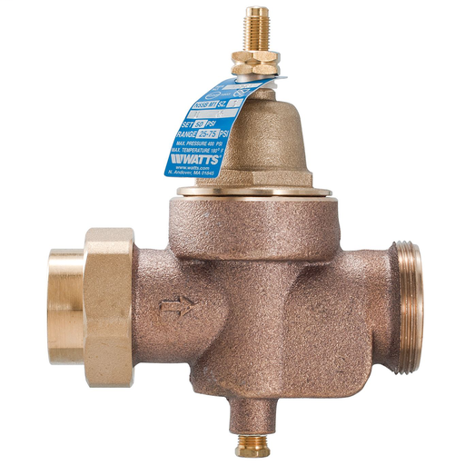 1 IN Lead Free Brass Water Pressure Reducing Valve, NPT Union x FPT, Adjust 25-75 psi, Max Work 400 psi, Gauge Tapping