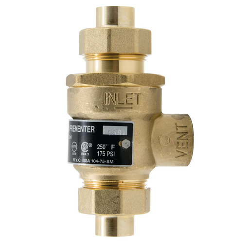 1/2 In Bronze Dual Check Valve With Intermediate Atmospheric Vent, Union Solder End Connections