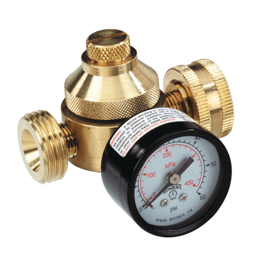 3/4 In Lead Free Mini Water Pressure Regulator, Female Hose X Male Hose, Gauge, 10-60 psi