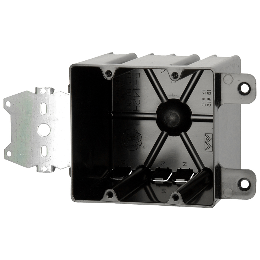 Allied Moulded Products P-442H 3-9/16 x 4 x 3-3/4 Inch 43.5 In. 2-Gang  Polycarbonate Angled Nail Switch/Receptacle Outlet Box | North Coast, image size:900x900