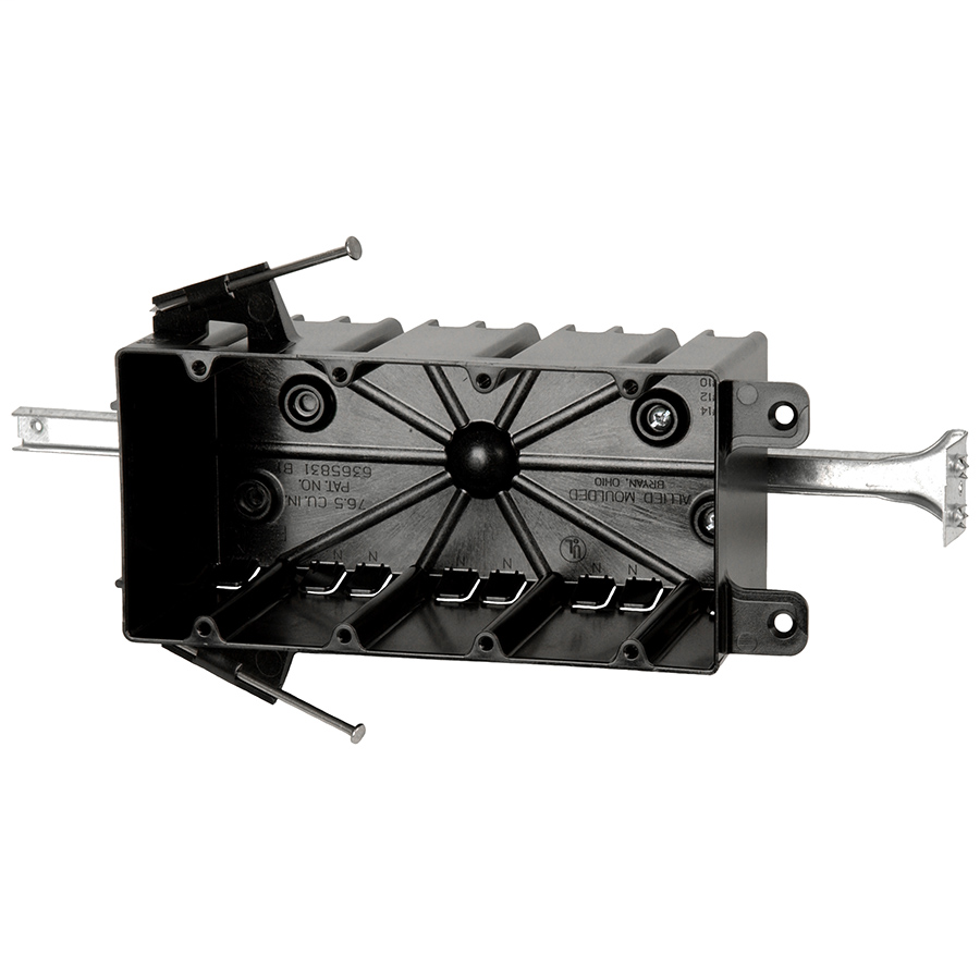 Allied Moulded Products P-764B 3-1/4 x 7-5/8 x 3-3/4 Inch 74.8 In 4-Gang Angled Nail Switch/Receptacle Outlet Box Allied Moulded Products P-764B 3-1/4 x 7-5/8 x 3-3/4 Inch 74.8 In 4-Gang Angled Nail Switch/Receptacle Outlet Box