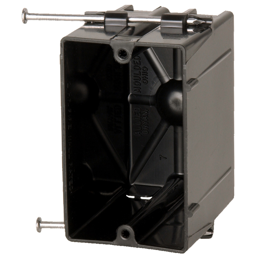 Allied Moulded Products P-201 3-1/16 x 2-1/4 x 3-3/4 Inch 20.5 In 1-Gang Angled Nail Switch/Receptacle Outlet Box Allied Moulded Products P-201 3-1/16 x 2-1/4 x 3-3/4 Inch 20.5 In 1-Gang Angled Nail Switch/Receptacle Outlet Box