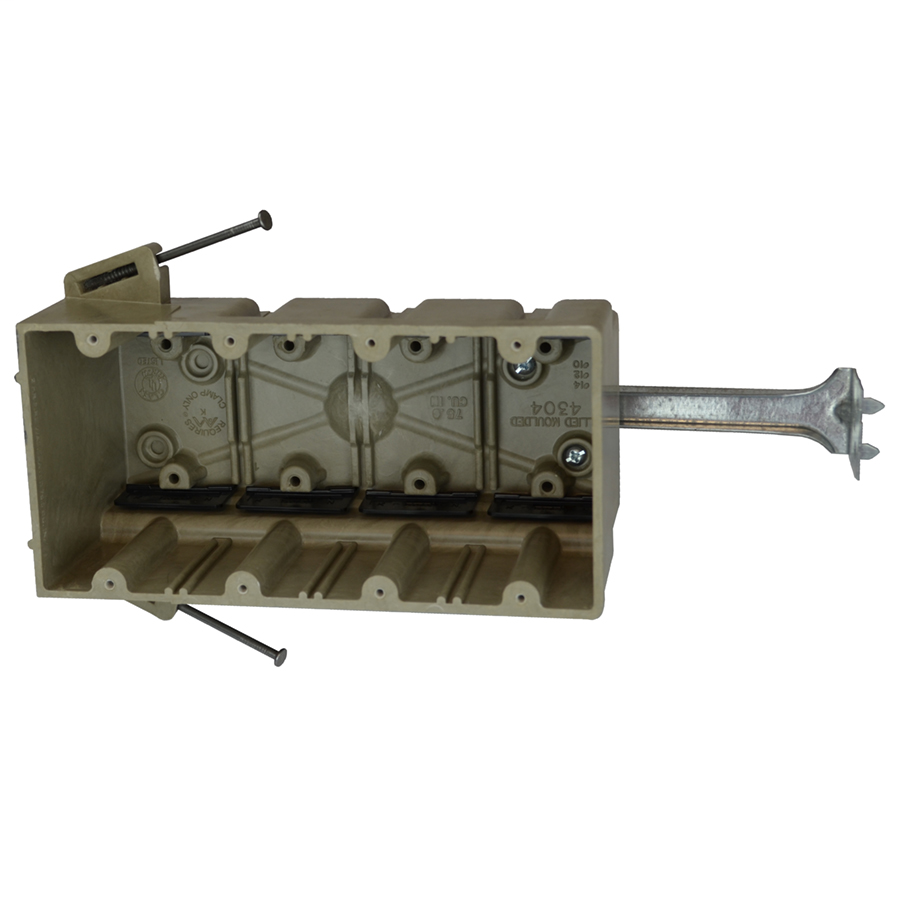 Allied Moulded Products 4304-NBK 3-9/16 x 7-1/2 x 3-3/4 Inch 75 In 4-Gang Angled Mid-Nail Switch/Receptacle Outlet Box Allied Moulded Products 4304-NBK 3-9/16 x 7-1/2 x 3-3/4 Inch 75 In 4-Gang Angled Mid-Nail Switch/Receptacle Outlet Box