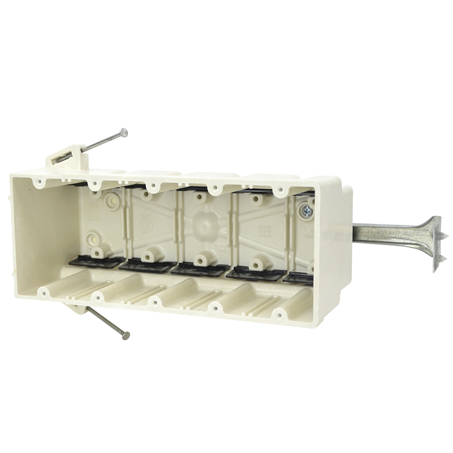 Allied Moulded Products 5305-NBK 3-9/16 x 9-1/4 x 3-3/4 Inch 94 In 5-Gang Angled Mid-Nail Switch/Receptacle Outlet Box Allied Moulded Products 5305-NBK 3-9/16 x 9-1/4 x 3-3/4 Inch 94 In 5-Gang Angled Mid-Nail Switch/Receptacle Outlet Box
