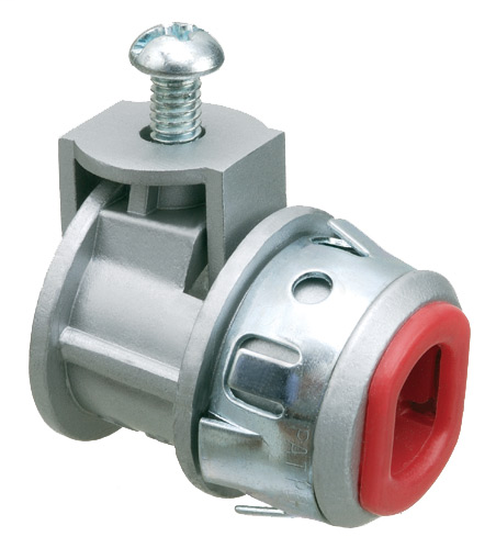 Zinc die-cast, 1/2" knockout saddle-type connector with spring set screw for securing aluminum and steel cable. Snaps into knockout with external spring steel clip. Provided with insulated throat. Concrete tight when taped. Supports .405 to .612 cable ran
