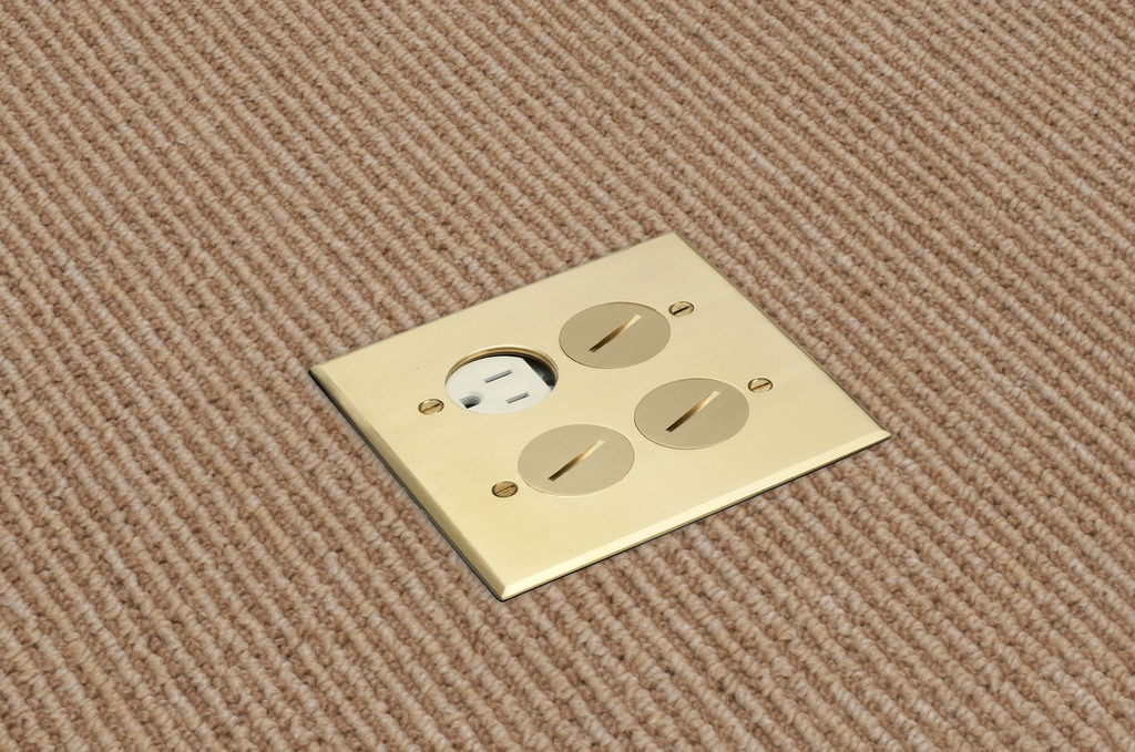 Product image for Arlington FLB5541MB 2-Gang Floor Box Kit, Steel Box w/ Threaded Plugs, Brass Cover