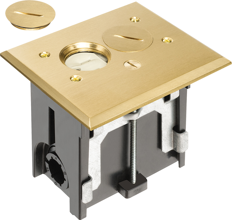 Product image for Arlington FLBA101MB 1-Gang Non-Metallic Floor Box Kit w/ Threaded Plugs, Rectangular Cover, Brass