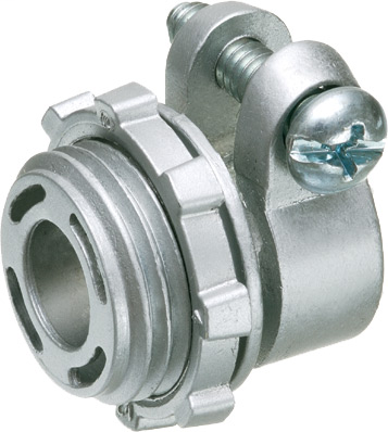 Mayer-DDS-Zinc die-cast, Single screw, 1/2" knockout squeeze connector with round end stop. For Flex, AC, MCI cable. Concrete tight when taped. End stop diameter: .400-1