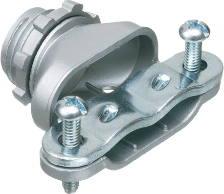Zinc die-cast, single screw duplex connector with steel strap and is secured into a 1/2" knockout by a locknut. Concrete tight when taped.
