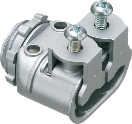 Zinc die-cast, 1/2" knockout saddle-type connector with spring set screw for securing aluminum and steel cable. Snaps into knockout with external spring steel clip. Concrete tight when taped.