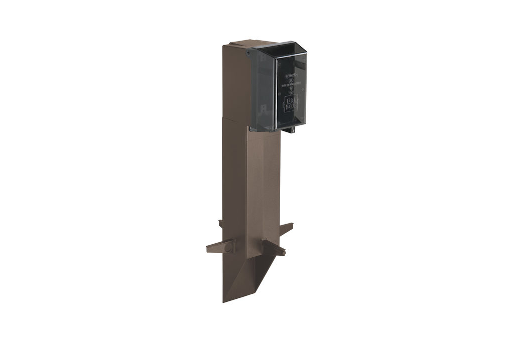 Mayer-DDS-Gard-N-Post. 19.5" support for GFCI devices outdoors. Built in stablaizers need to assembly. Opennings in stabalizers allow for insertion of extra support material. Angle Cut post for easy acces to unground wiring. two 1/2" Knockouts. Color Brown. Color is permanent, no chipping. Clear extra duty weatherproof in use cover installed.-1