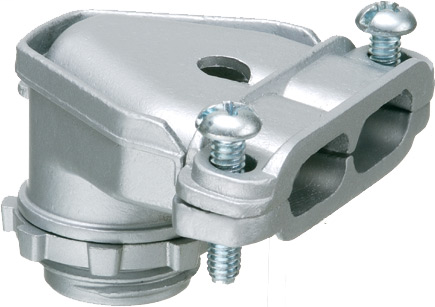Mayer-DDS-90 degree zinc die-cast duplex connector with a twin screw strap. Secures into 1/2" knockout with a locknut.-1