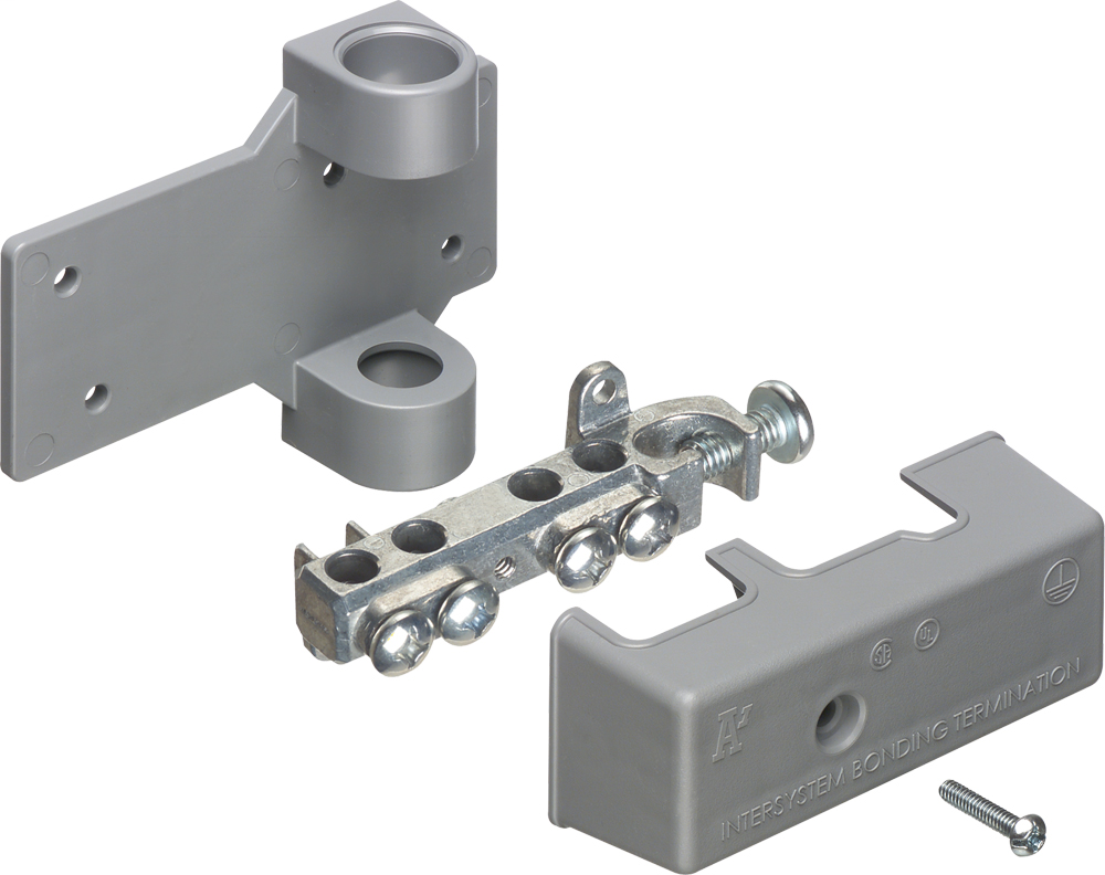 Intersystem grounding bridge, has 4 termination points, one more than required by the NEC. Cable range 4 termination points for #4 to #14 solid or stranded. Ataches to grounding conductor with lay in style lug with a cable range of #6 to #2 grounding wire